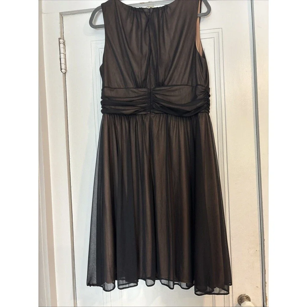 Dressbarn Black Mesh Overlay Ruched V-Neck Midi Dress cocktail Size 14 EUC
